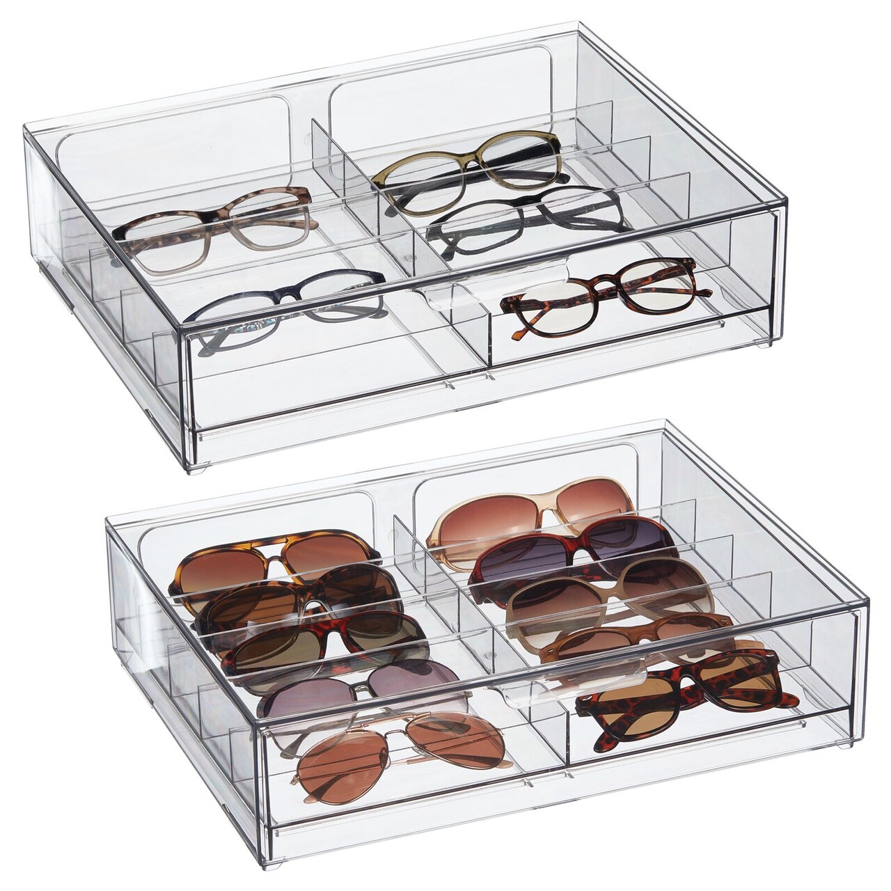 mDesign Wide Plastic Stackable Glasses Organizer Box, 2 Drawers, 2 Pack, Clear